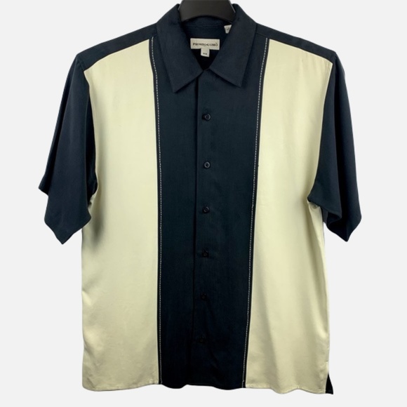 Pronto Uomo Other - Pronto Uomo Silk Shirt Creme Black Vintage Bowling Style Short Sleeve - Size M